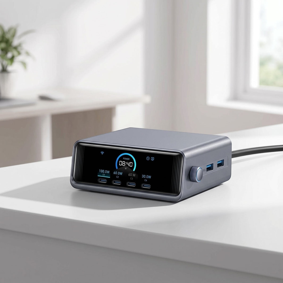 Close-up of a small 250W 6-port GaN charging station on a modern white countertop in a bright home office.
