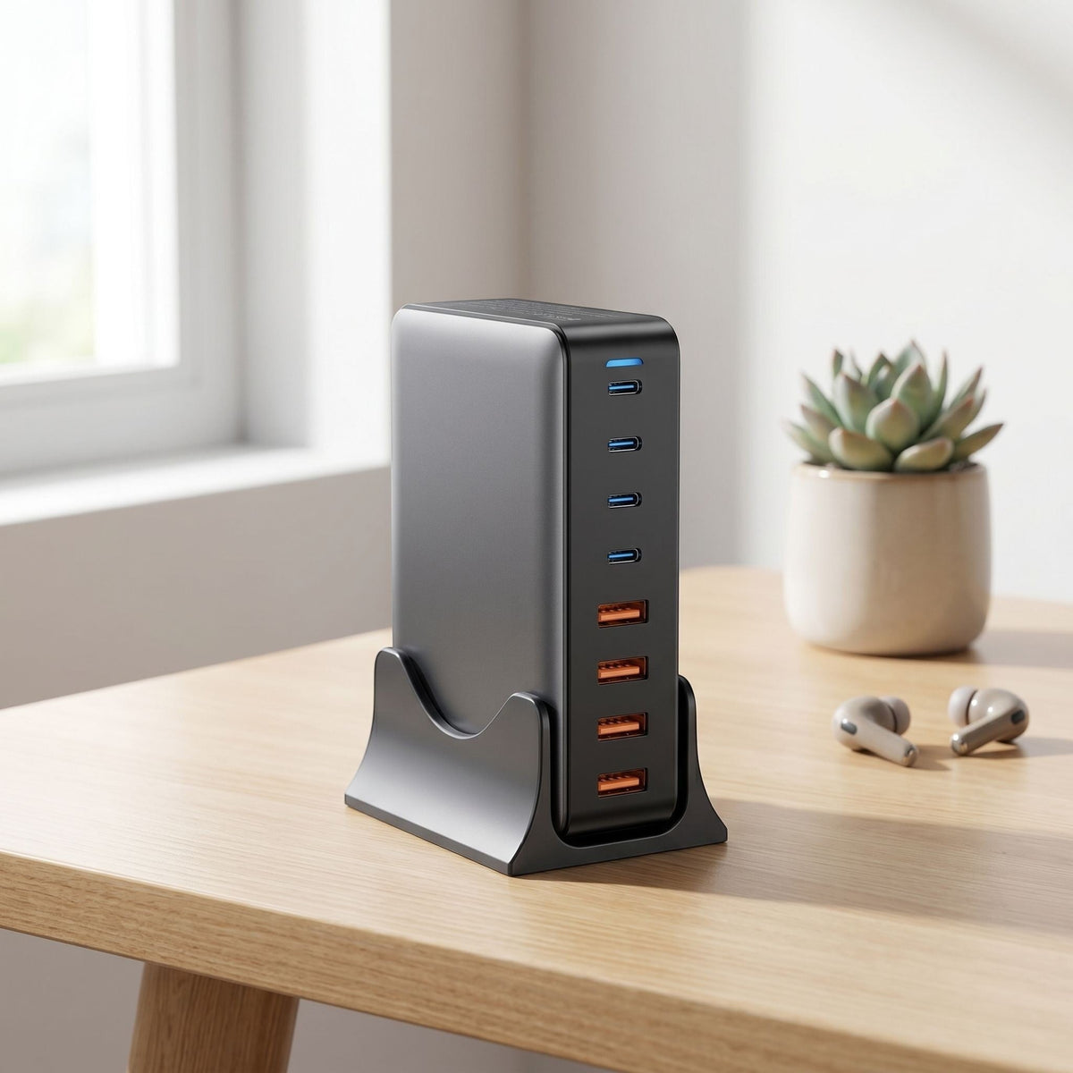 Compact 8-port GaN desktop charging station on a modern workspace, showcasing multiple USB ports and sleek design.