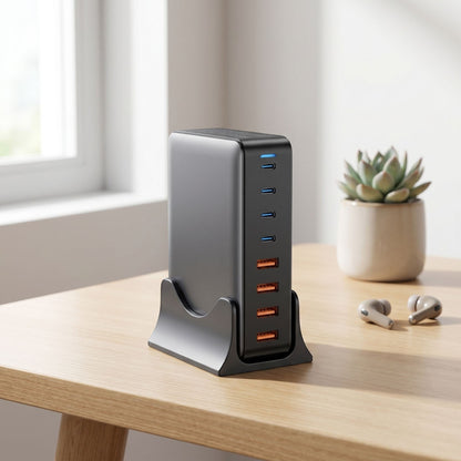 Compact 8-port GaN desktop charging station on a modern workspace, showcasing multiple USB ports and sleek design.