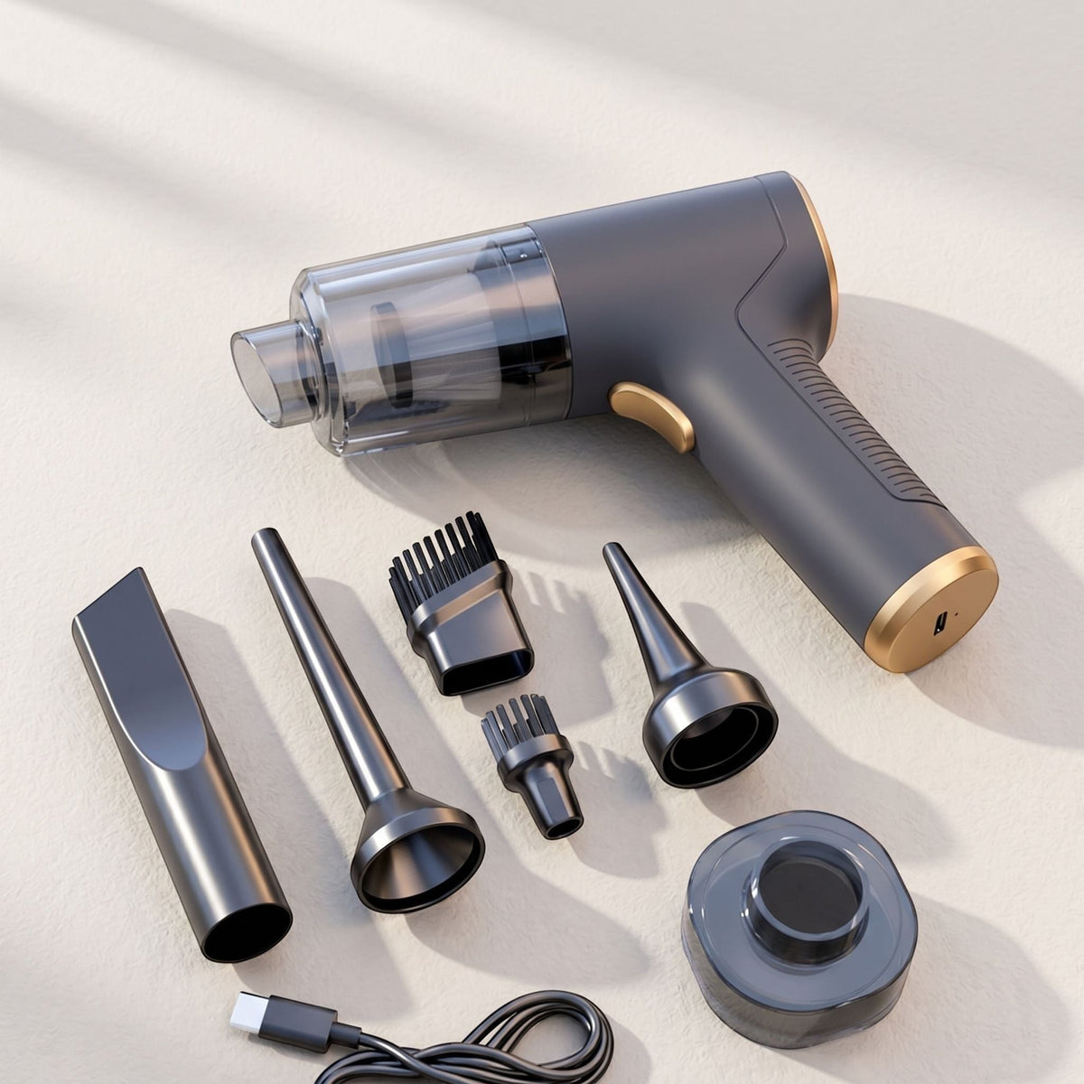 Small handheld car vacuum cleaner on a neutral textured surface with natural daylight highlighting its shape and details.