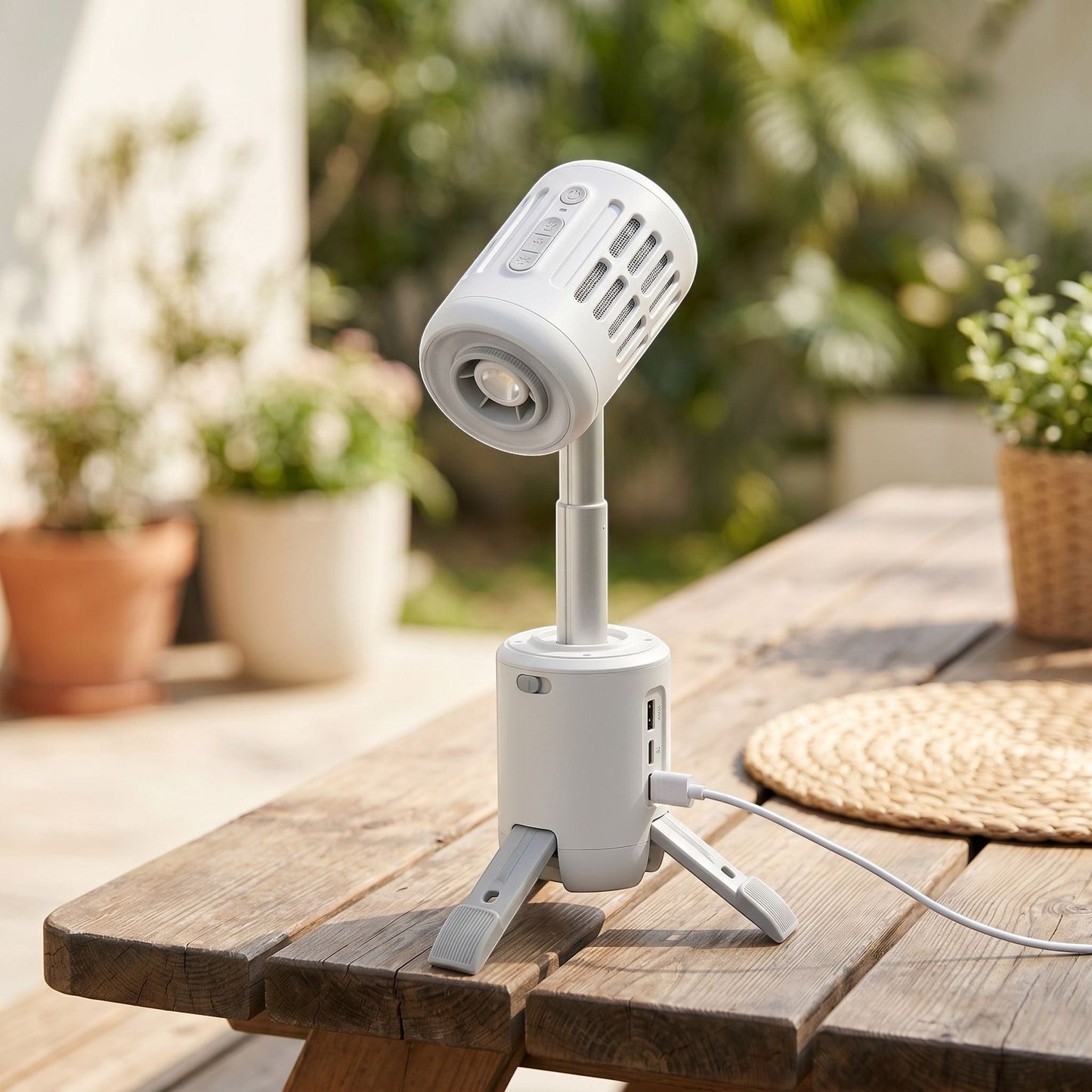 Unbranded compact outdoor fan with adjustable grille, built-in LED flashlight, and USB ports, shown in natural daylight outdoor setting.