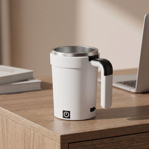 Full-body shot of a small self-stirring coffee mug on a sleek wooden desk, emphasizing portability for home or office use.