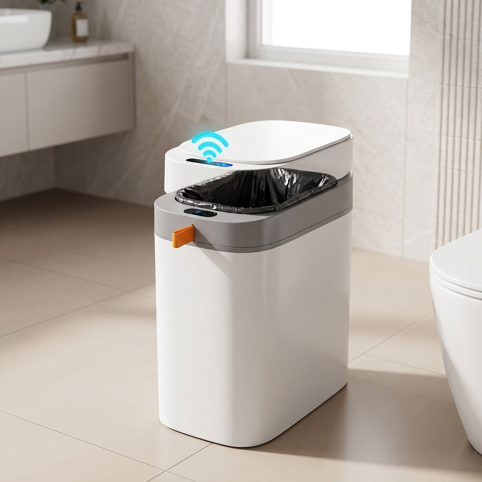 Unbranded sensor trash can placed on a bathroom or utility room floor with warm lighting and realistic shadows.