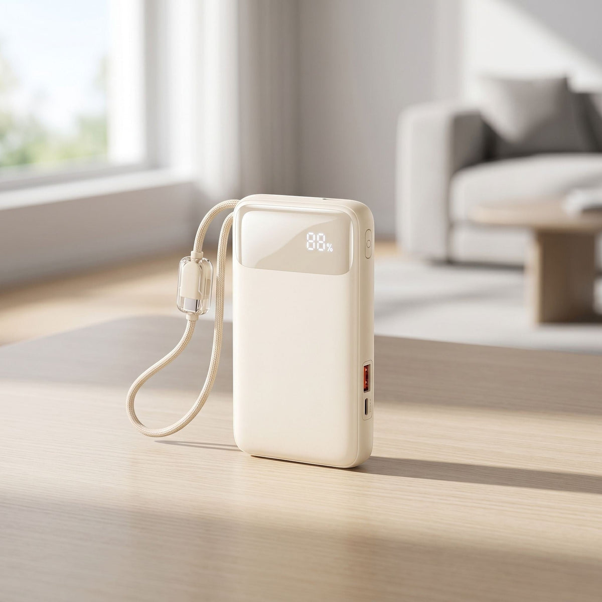 Unbranded 10,000mAh power bank with built-in USB-C cables on a neutral surface, showing the digital battery display and braided cables.