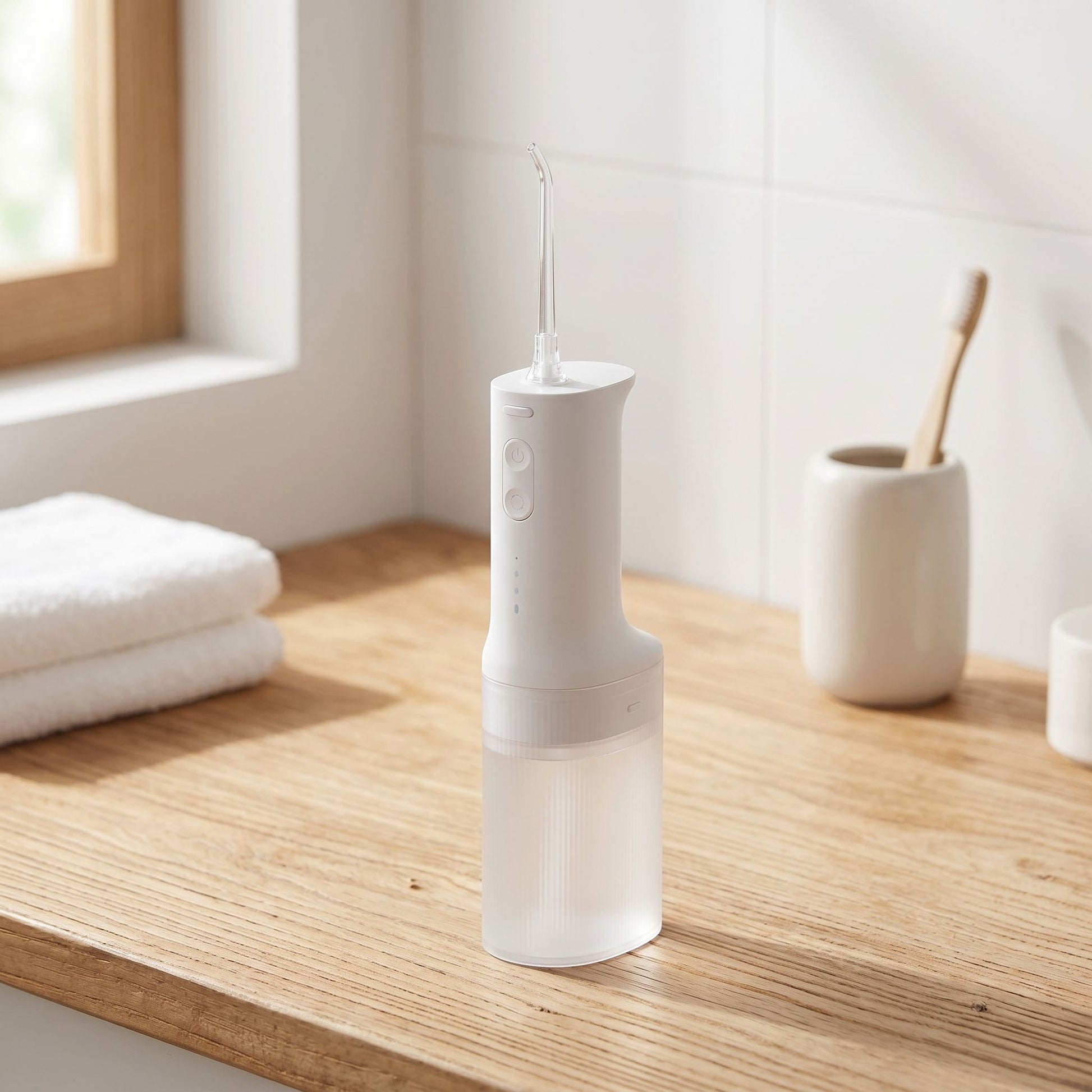 Full view of the unbranded electric water flosser standing upright on a wooden surface in a tidy bathroom setting, showcasing its design.