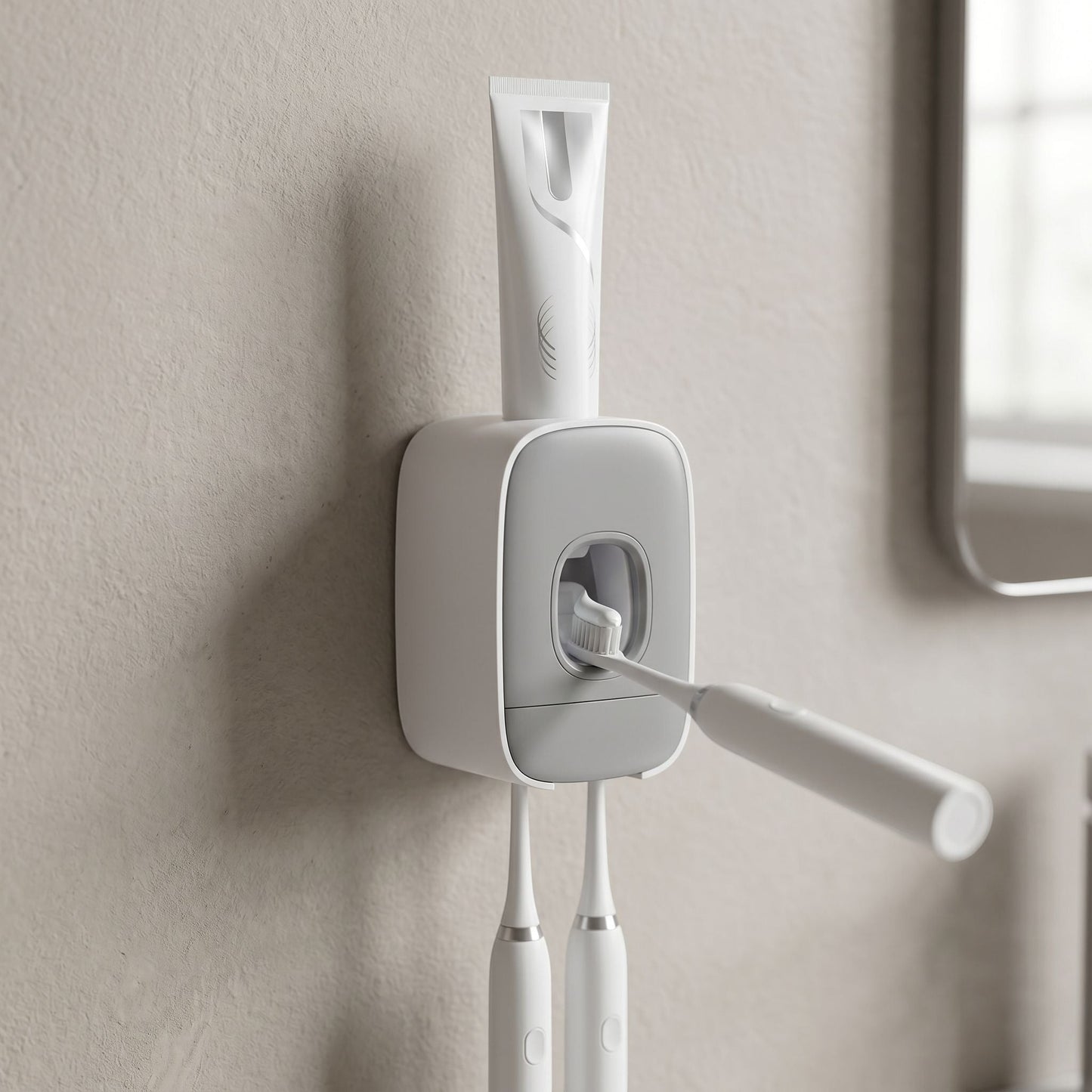 Small unbranded plastic utility accessory mounted on a textured wall, highlighting its lightweight and discreet design.