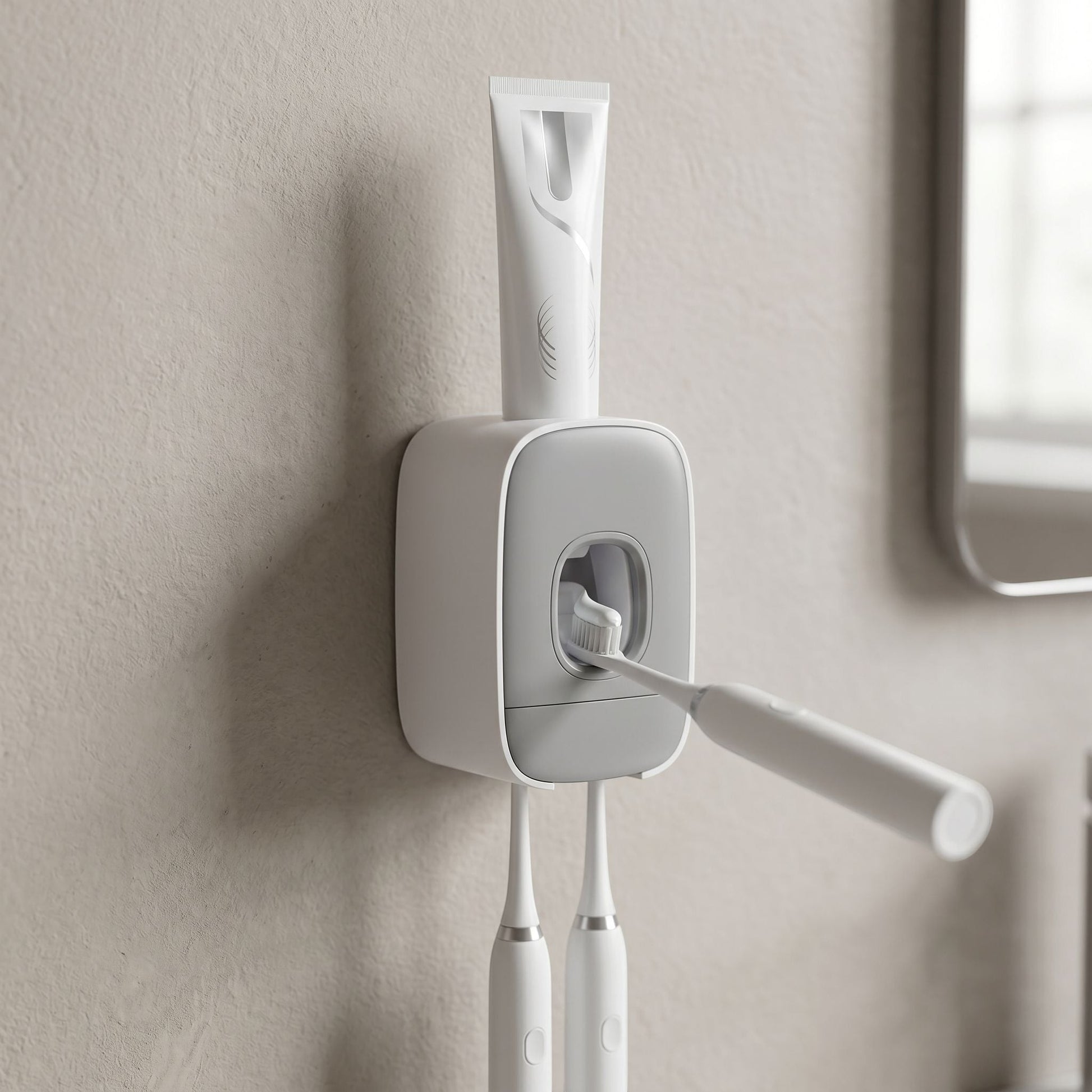 Small unbranded plastic utility accessory mounted on a textured wall, highlighting its lightweight and discreet design.