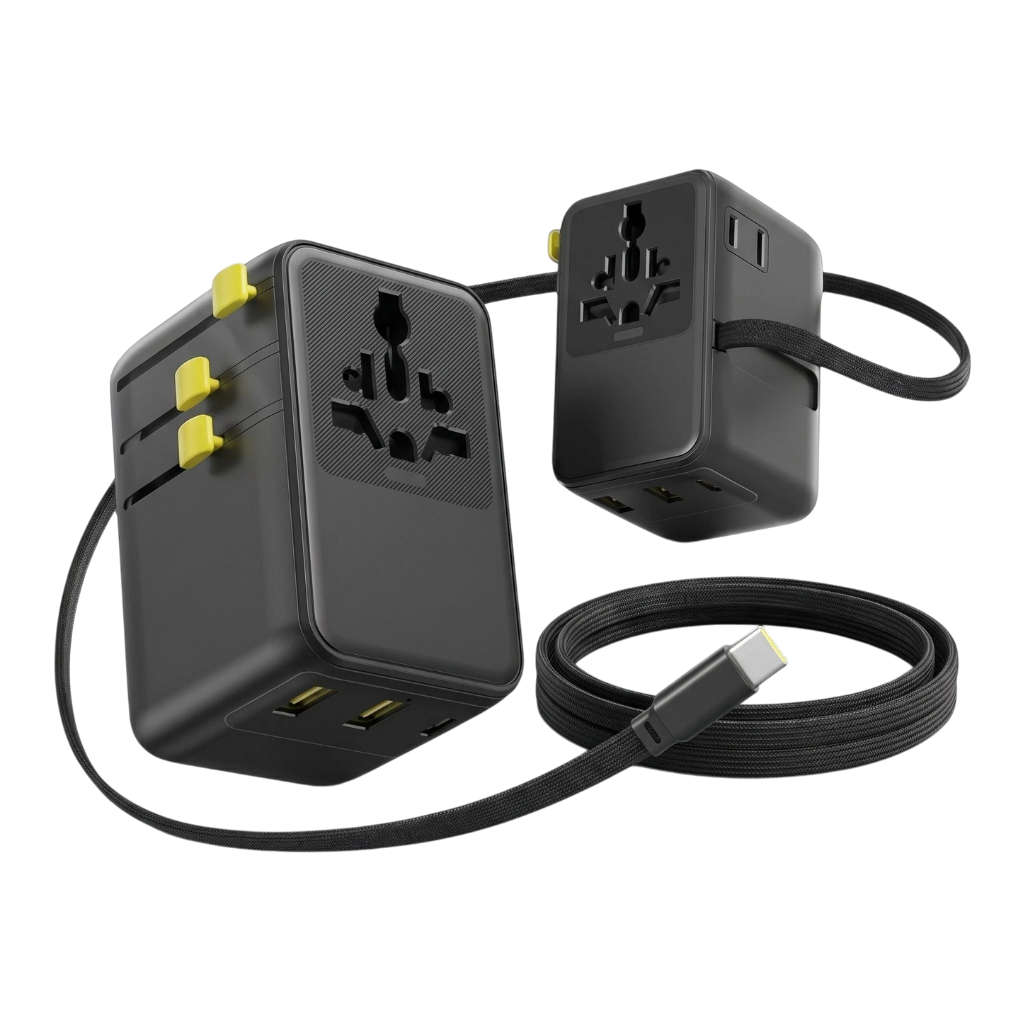 Small universal travel adapter with multiple ports and retractable USB-C cable, suited for international travel.