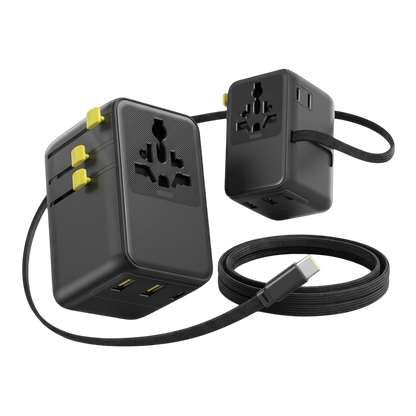 Small universal travel adapter with multiple ports and retractable USB-C cable, suited for international travel.