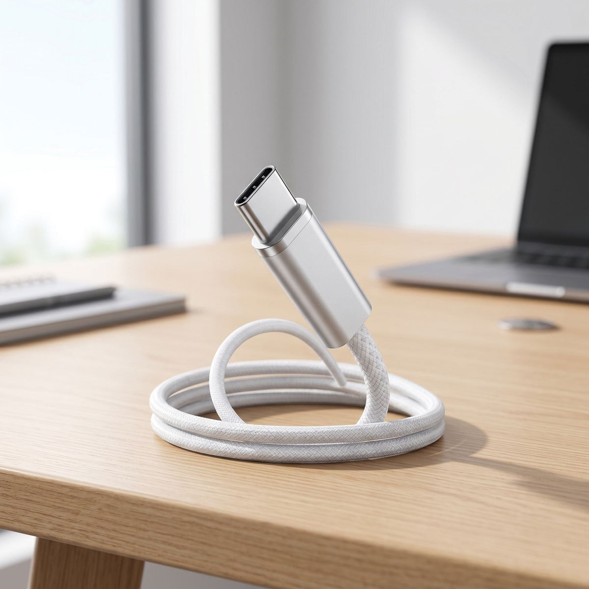 Small USB-C to USB-C charging cable displayed on a natural wooden desk, highlighting its textured exterior and precise port details.