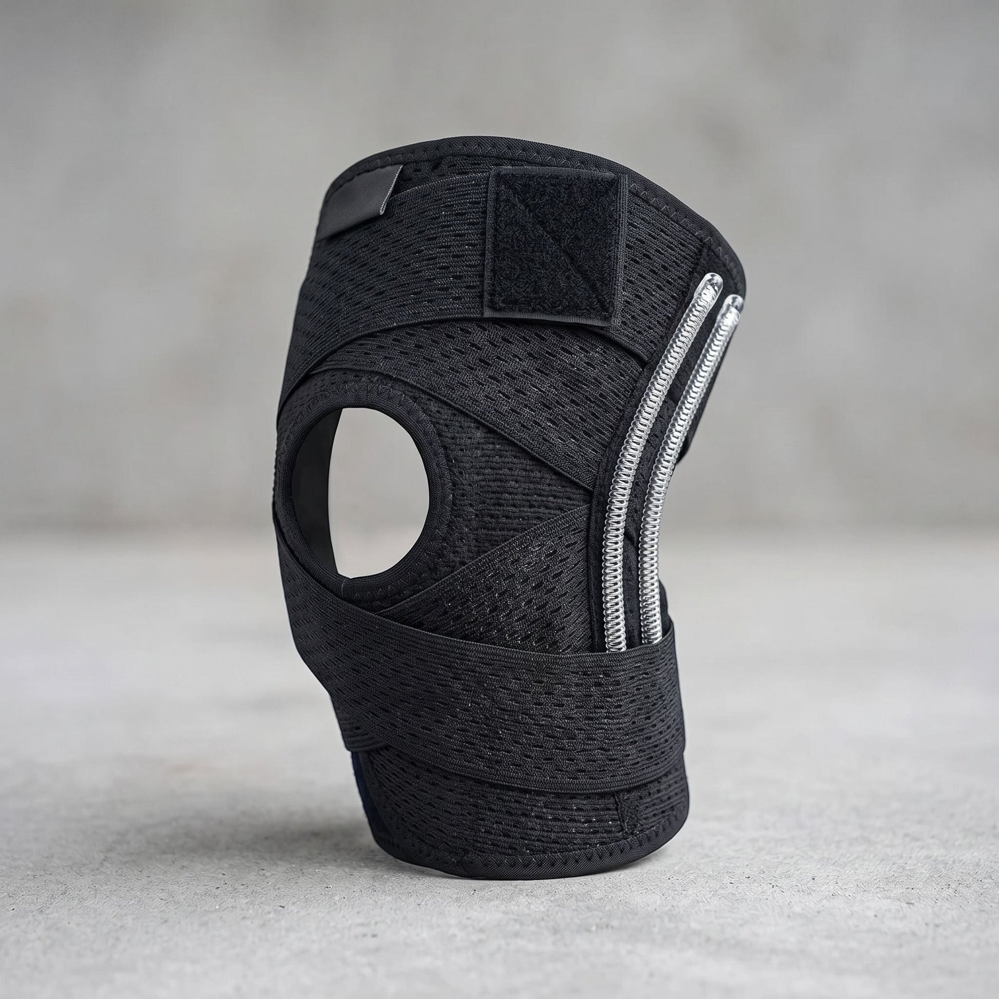 Unbranded compression knee brace with side stabilizers, adjustable straps, and breathable knit fabric, shown in a studio setting.