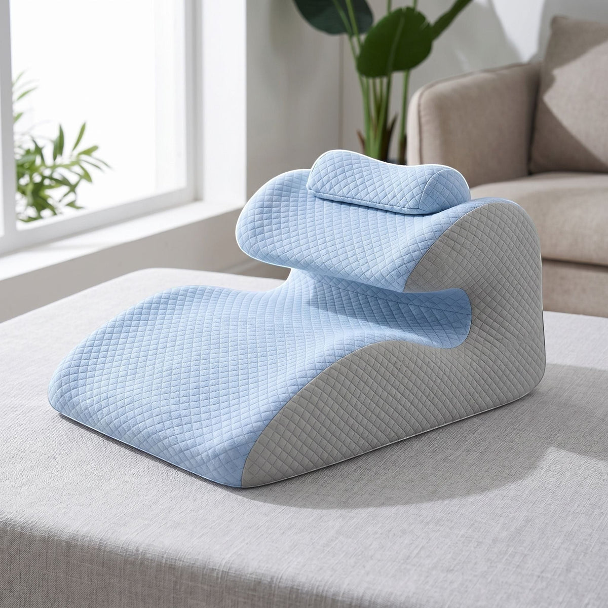 Close-up of ergonomic support pillow on a textured armchair, emphasizing its curved shape and soft polyester-cotton cover.