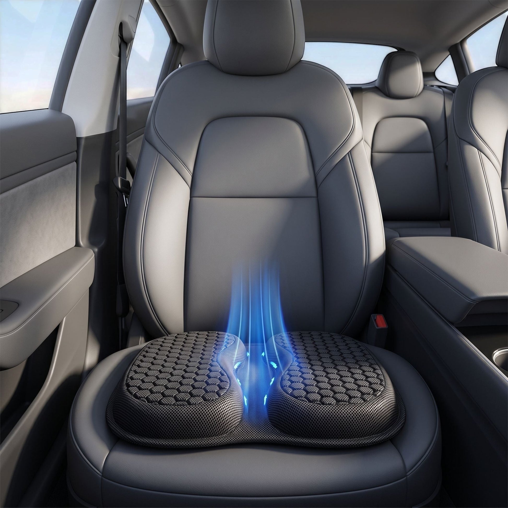 Car seat cushion with breathable ice silk surface and gel filling on a modern car seat, emphasizing comfort and support for long drives.