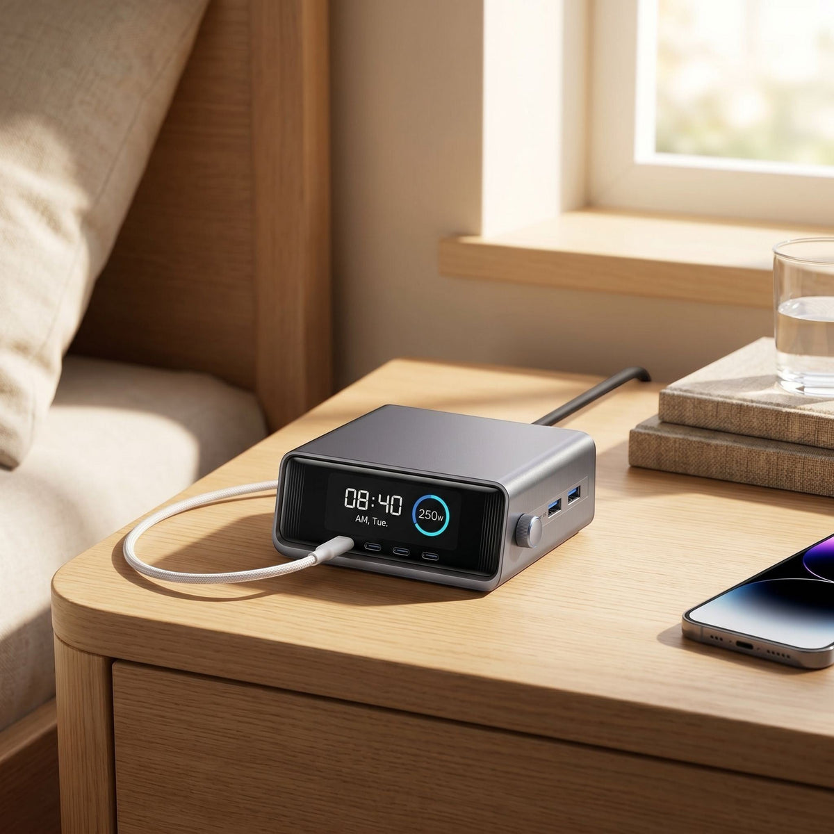Lifestyle scene with a small GaN charging station on a bedside table, connected to a phone in a cozy bedroom.