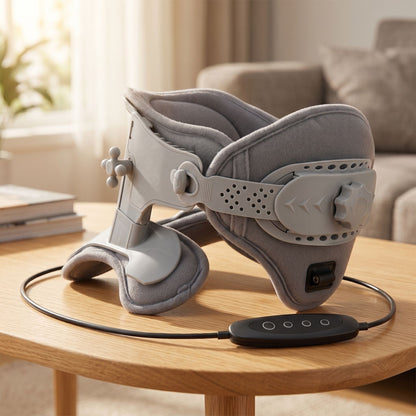 Natural ambient shot of soft-textured neck support collar resting on a wooden table in a cozy home setting, emphasizing comfort and craftsmanship.