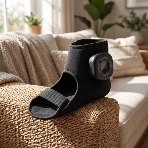 Relaxing scene featuring portable cordless foot and ankle massager on couch armrest in a cozy living room with warm lighting.