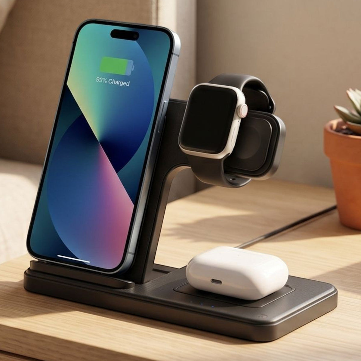 Lifestyle scene of a 3-in-1 wireless charging stand on a nightstand in a cozy bedroom with active charging of phone, smartwatch, and earbuds.