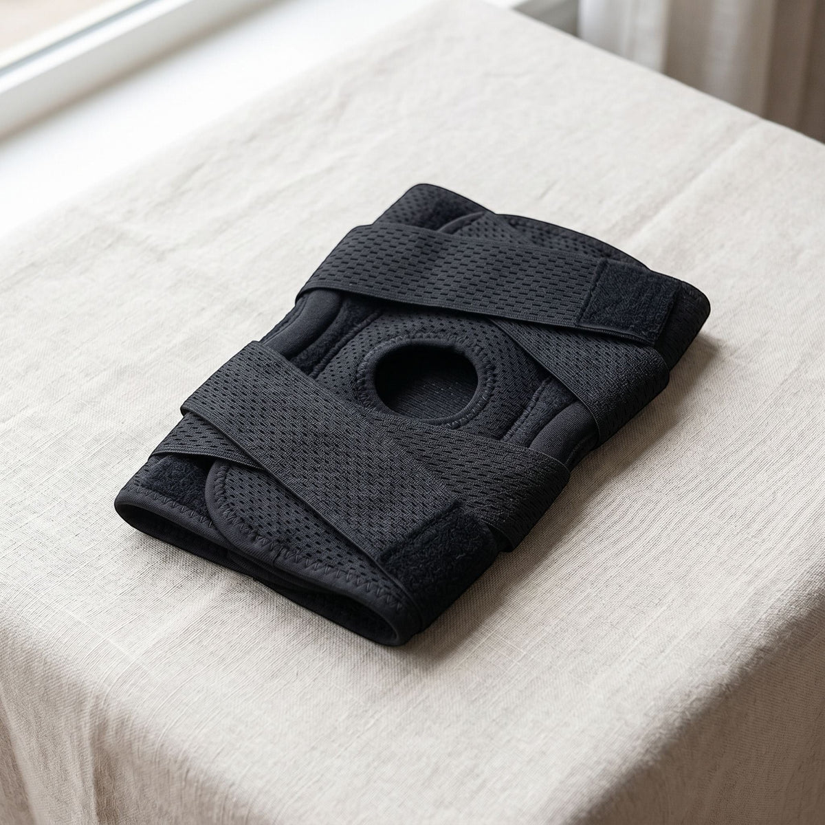 Small compression knee brace with stabilizers on neutral surface, suggested for walking and sports activities.