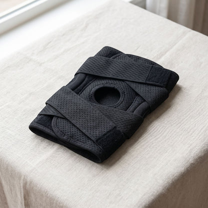 Small compression knee brace with stabilizers on neutral surface, suggested for walking and sports activities.