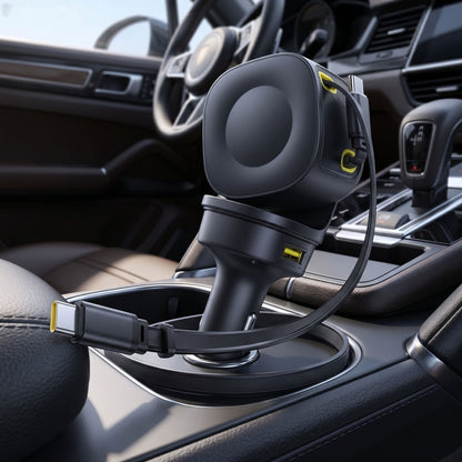 Close-up of the 100W car charger showing three USB-C and one USB-A ports with extended cable on a textured car console, illuminated by warm natural light.