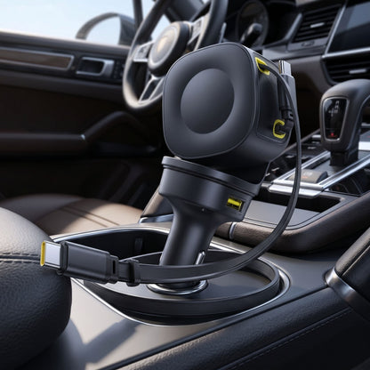 Close-up of the 100W car charger showing three USB-C and one USB-A ports with extended cable on a textured car console, illuminated by warm natural light.