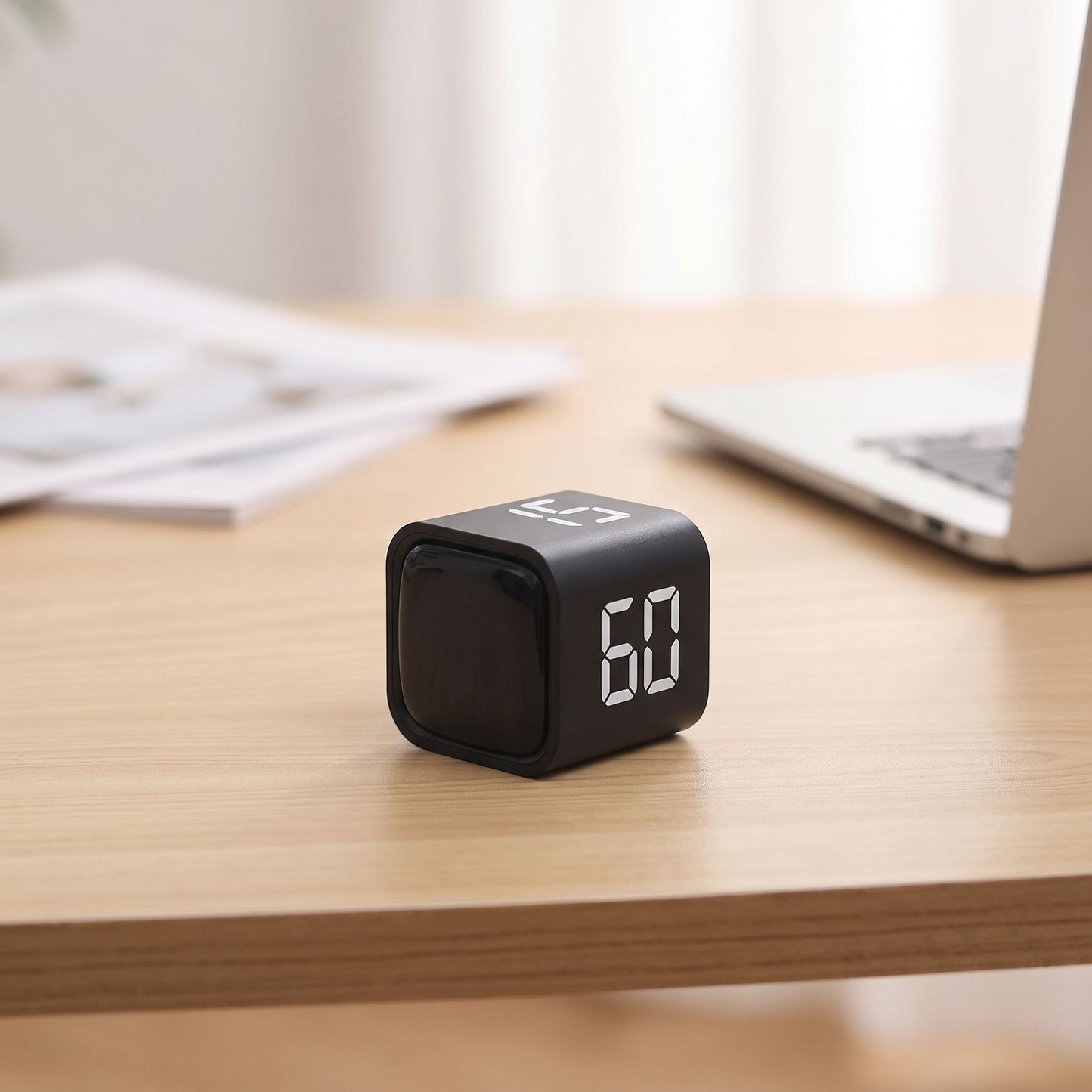 Close-up of a compact digital countdown timer on a wooden desk showing 3 hours, highlighting its simple design and clear display.
