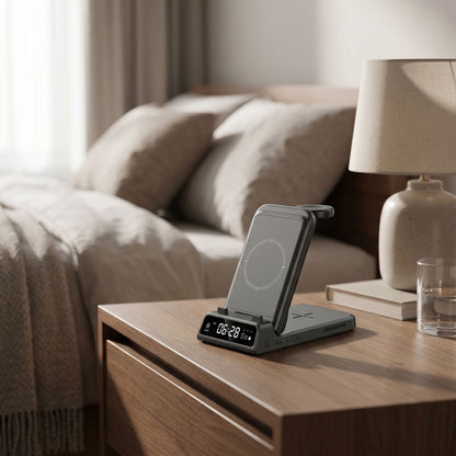 High-resolution image of a 3-in-1 wireless charging station on a nightstand with warm lighting, emphasizing its compact size, foldable feature, and charging areas in a cozy bedroom scene.