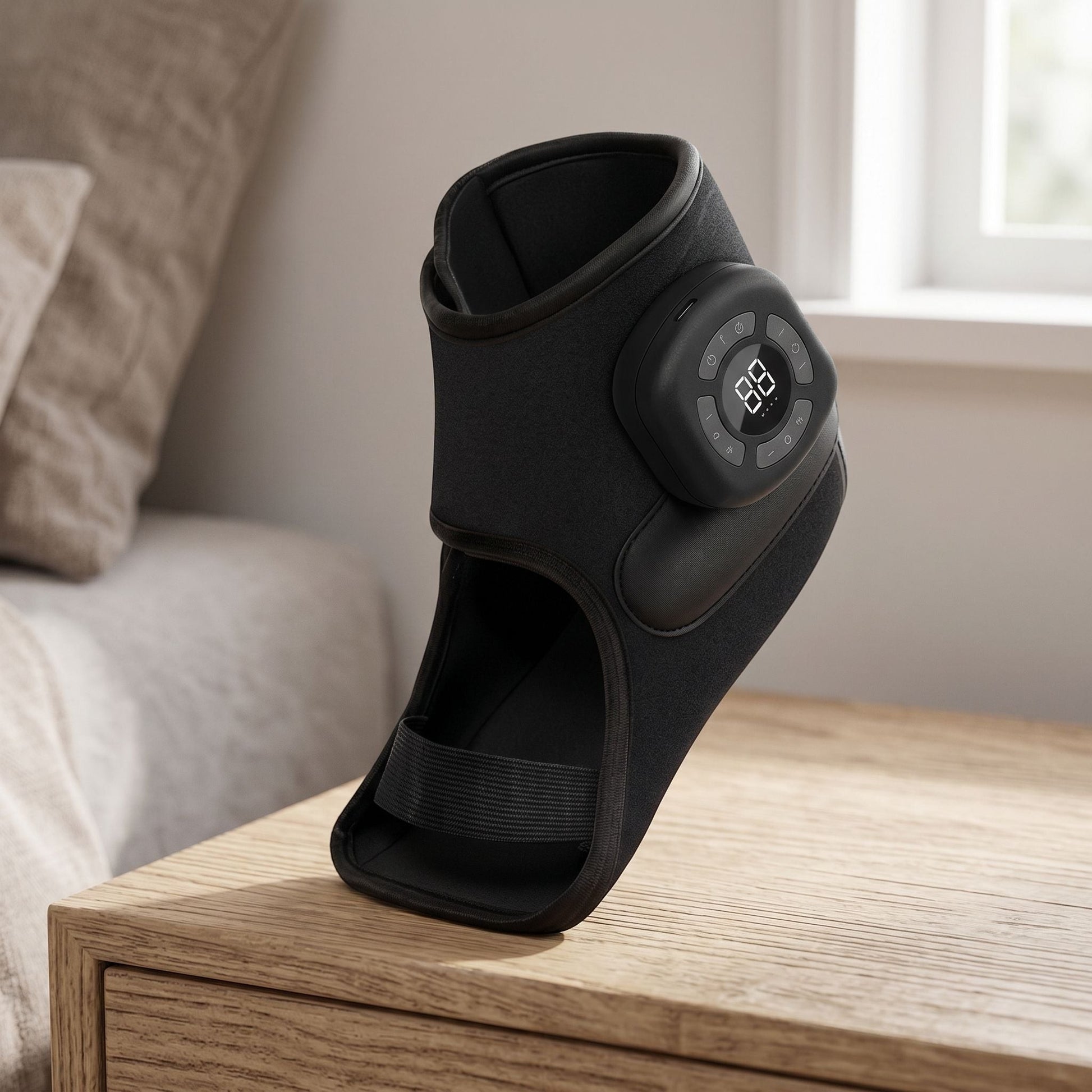 Compact cordless foot and ankle massager on bedroom nightstand with natural daylight, emphasizing ergonomic design and fabric wrapping.