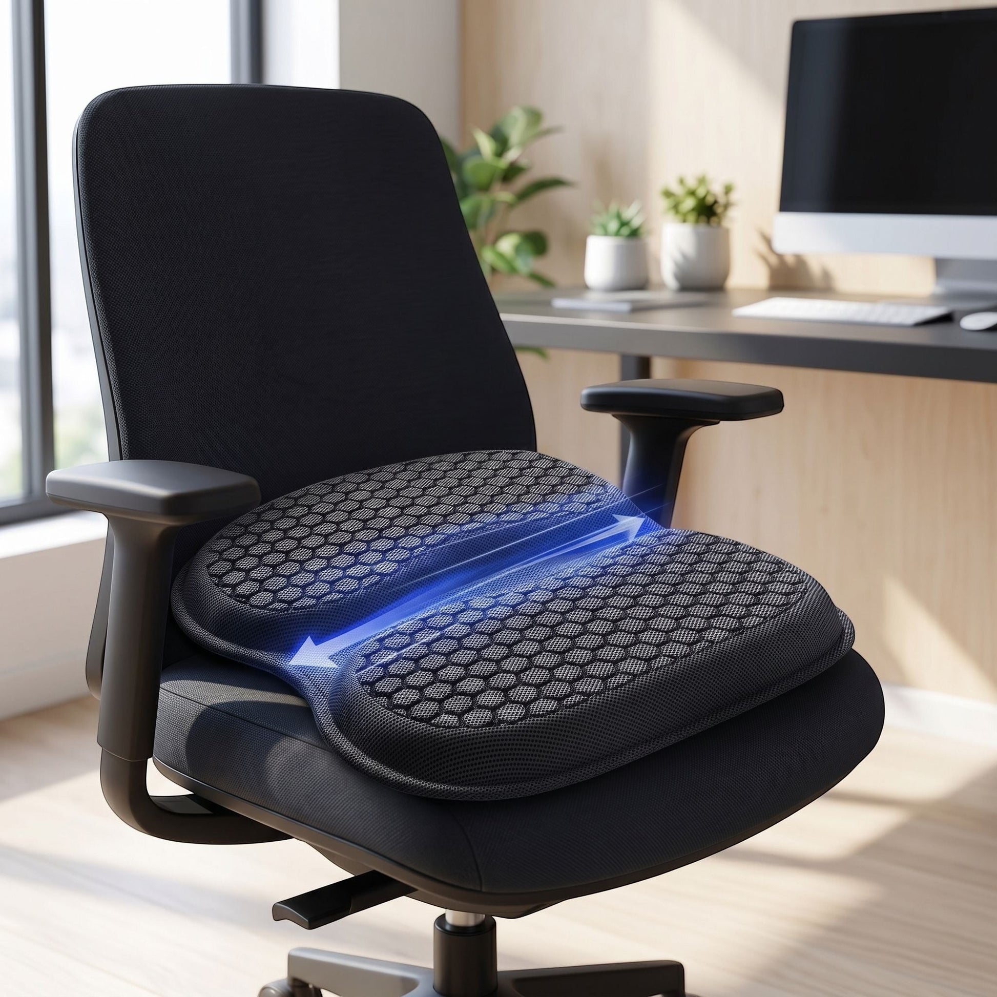 Ergonomic cooling gel seat cushion positioned on an office chair in a contemporary workspace, highlighting breathable surface and supportive gel filling.