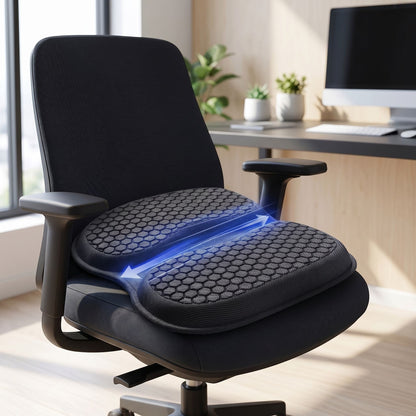 Ergonomic cooling gel seat cushion positioned on an office chair in a contemporary workspace, highlighting breathable surface and supportive gel filling.