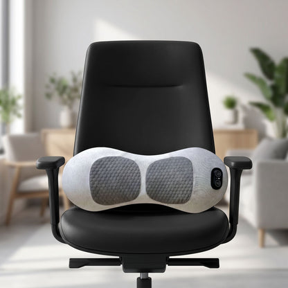 Realistic studio shot of lumbar support pillow on a sleek office chair in a contemporary workspace.