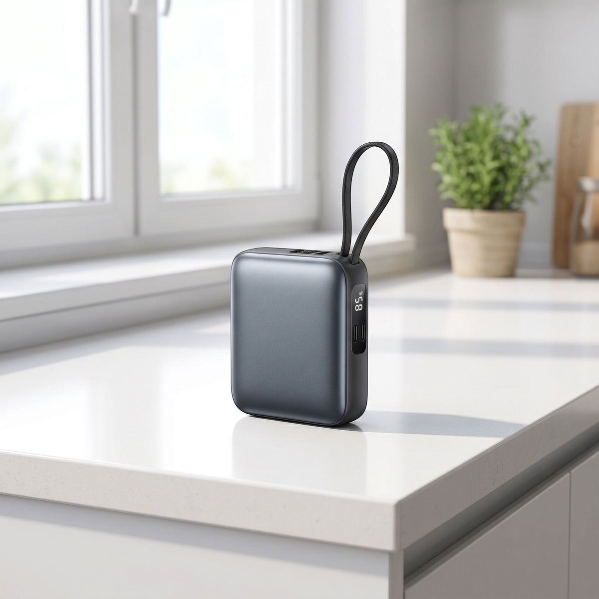 Realistic scene of a portable power bank on a kitchen counter with natural daylight highlighting USB-C port and display.