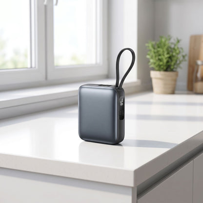 Realistic scene of a portable power bank on a kitchen counter with natural daylight highlighting USB-C port and display.