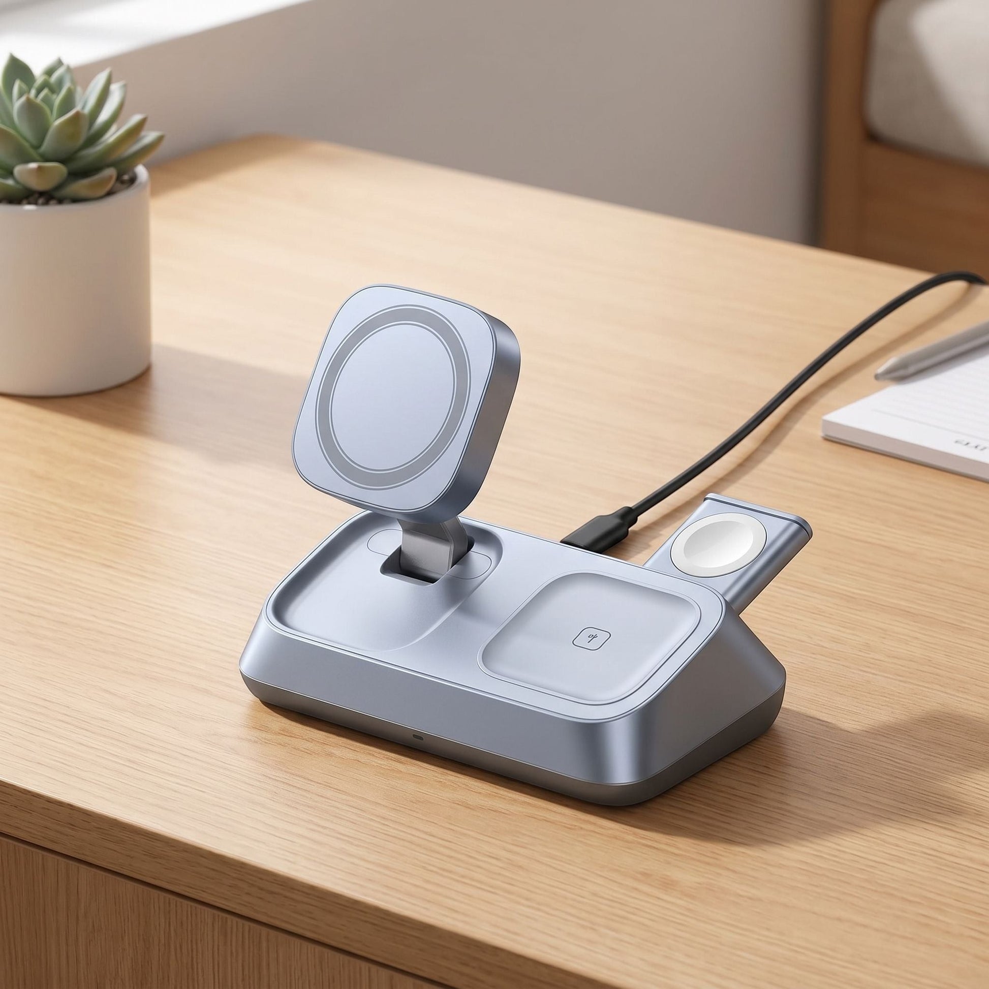 Elevated view of unbranded wireless charging station showing compact layout and magnetic surfaces in a minimalist desk setting.