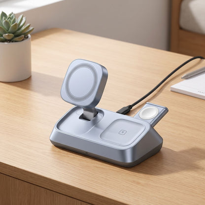 Elevated view of unbranded wireless charging station showing compact layout and magnetic surfaces in a minimalist desk setting.