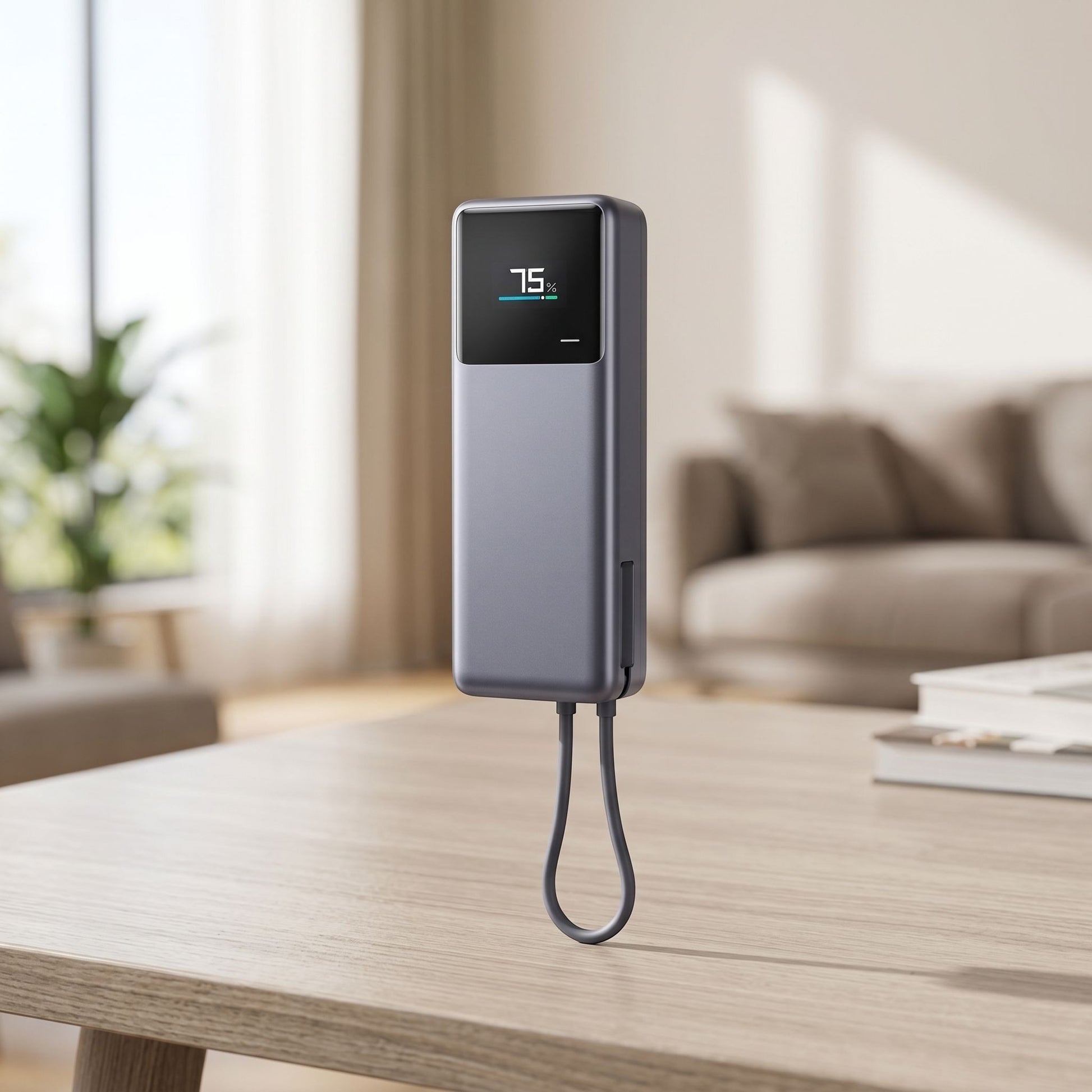 Full view of the compact power bank standing upright on a wooden table in a cozy home setting.