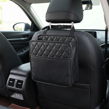 Full view of a small car seat organizer hanging from the front seat in a well-lit vehicle interior, emphasizing its practical and straightforward design.