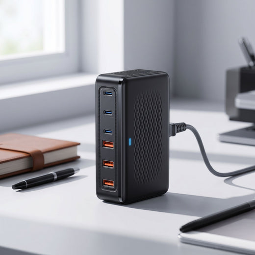 Full view of a 6-port GaN charger standing on an organized office desk with blurred accessories.