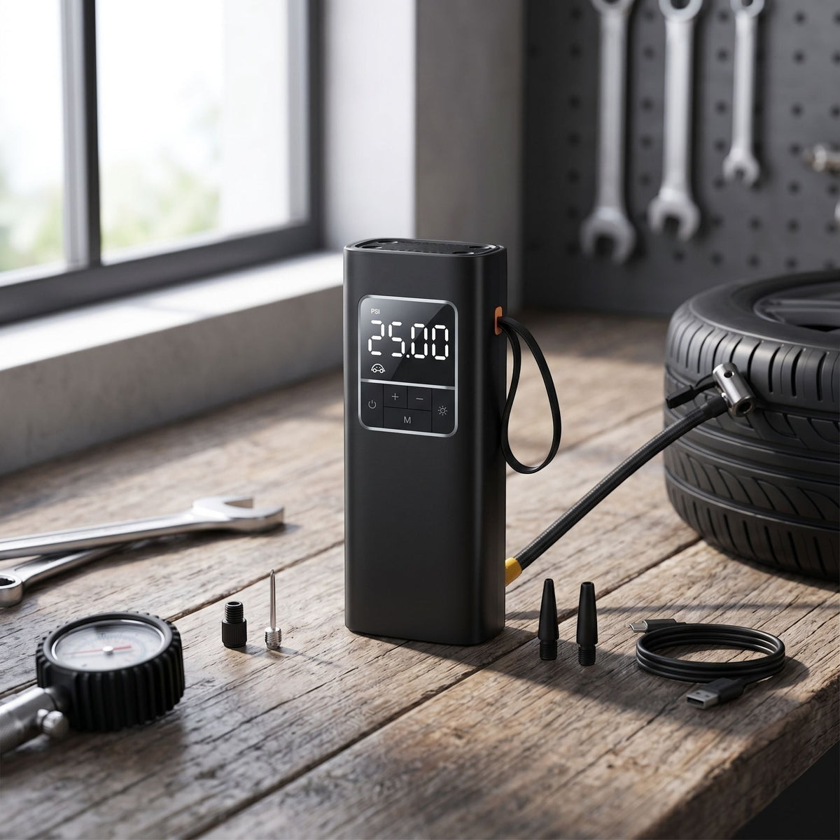 Close-up of unbranded wireless digital tire inflator with LCD display on textured wooden table in a modern garage.