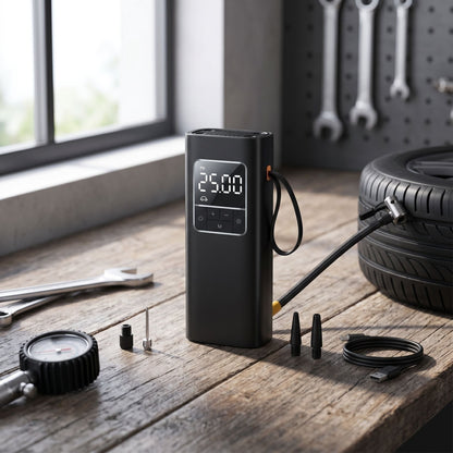 Close-up of unbranded wireless digital tire inflator with LCD display on textured wooden table in a modern garage.