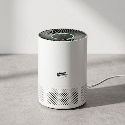 Minimalist HEPA air purifier with control panel and vents on neutral background.