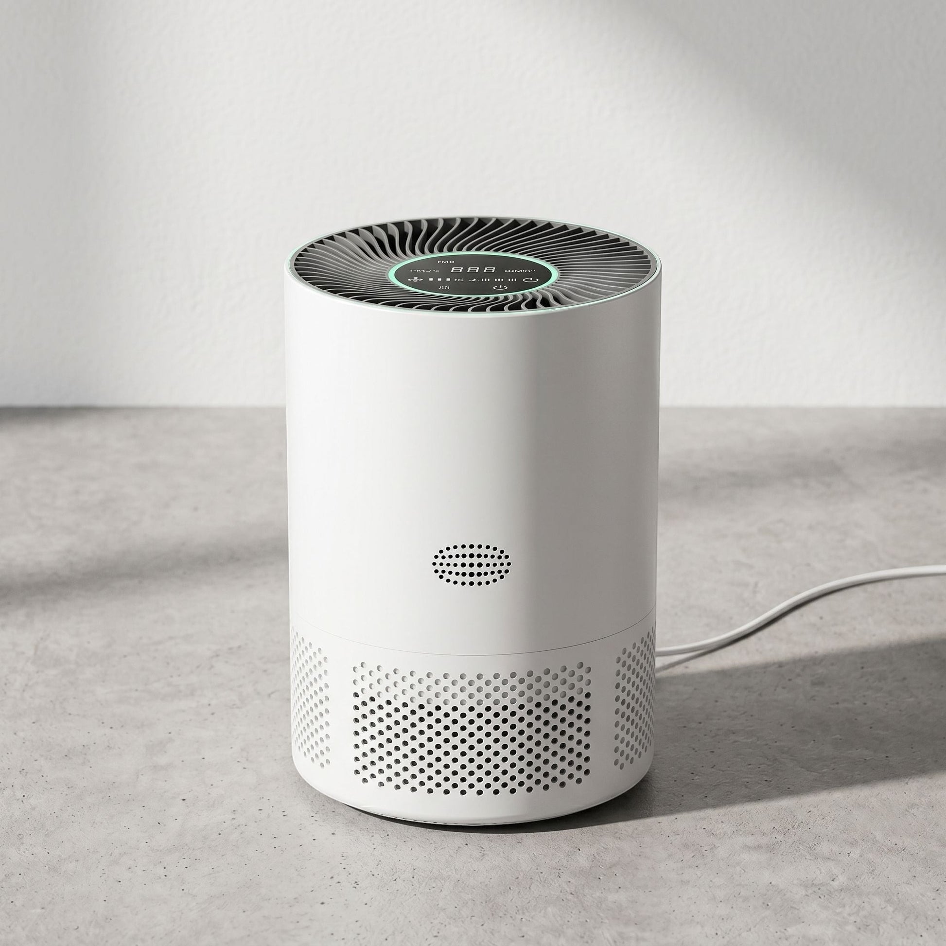 Minimalist HEPA air purifier with control panel and vents on neutral background.