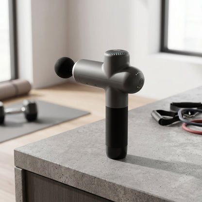 Portable massage device on textured countertop in home gym, featuring detailed view of ports and ergonomic design with fitness equipment in background.