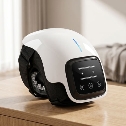 Cordless knee massager on a light-colored wooden surface with natural sunlight, showcasing sleek shape and LED touch screen.