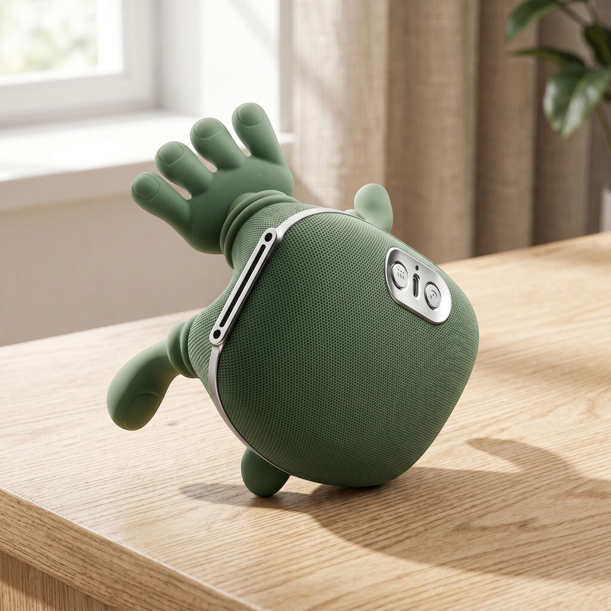 Small ergonomic neck and shoulder massager resting on textured wood surface, highlighting deep-kneading nodes and soft fabric in a cozy home environment.
