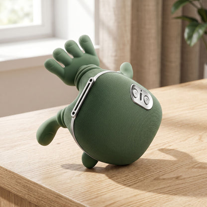 Small ergonomic neck and shoulder massager resting on textured wood surface, highlighting deep-kneading nodes and soft fabric in a cozy home environment.