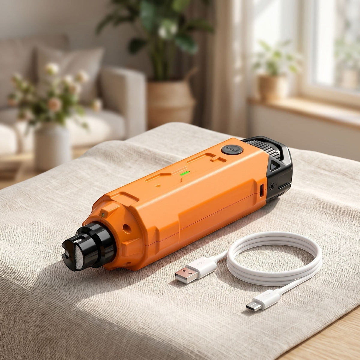 Small dog nail grinder placed on light-colored fabric near a window, illustrating easy pet nail grooming in a cozy home environment.