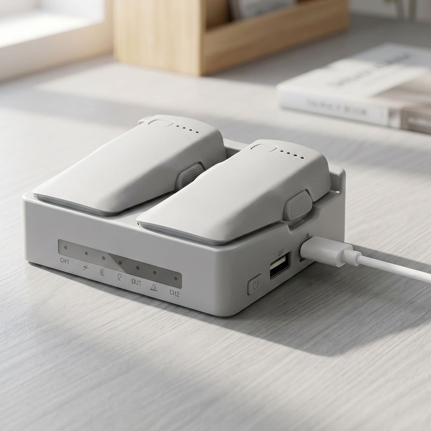 Unbranded drone battery charger resting on a matte surface in a bright home office with natural sunlight and minimal background.
