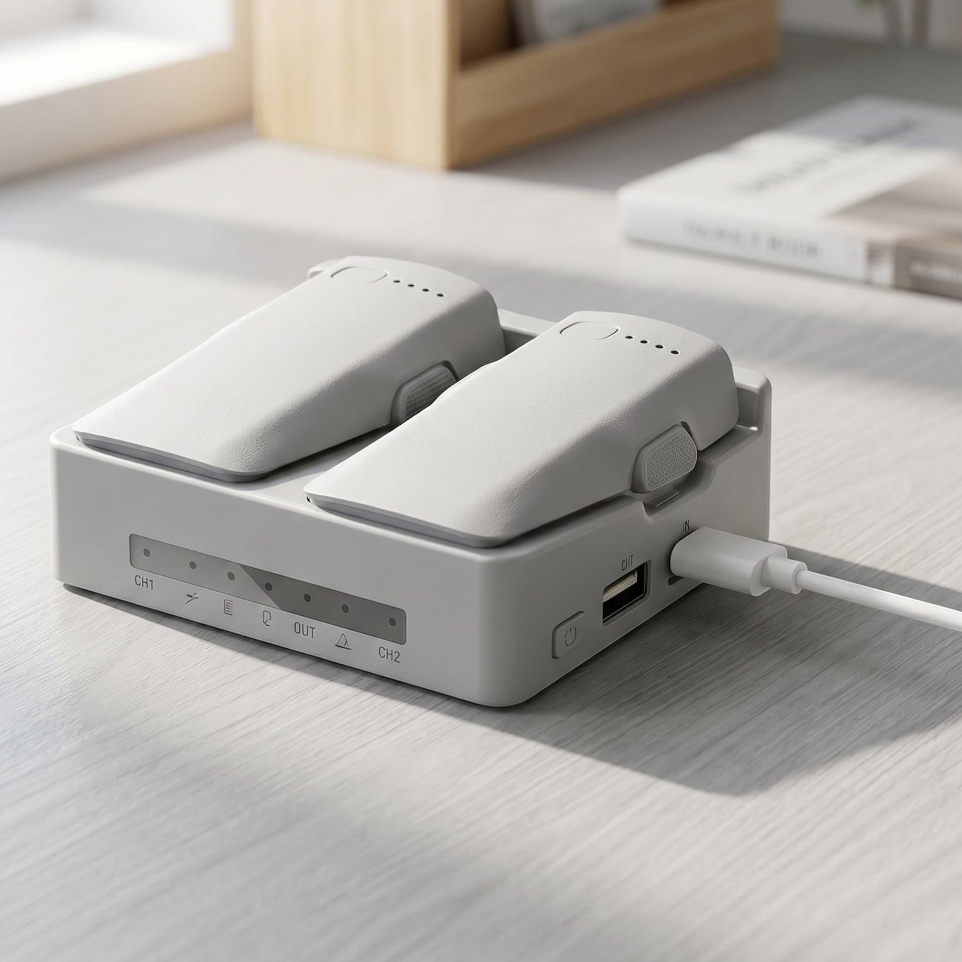 Unbranded drone battery charger resting on a matte surface in a bright home office with natural sunlight and minimal background.