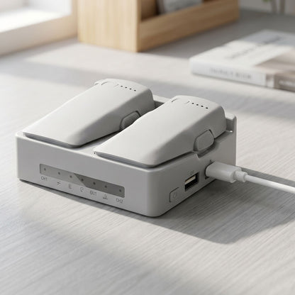 Unbranded drone battery charger resting on a matte surface in a bright home office with natural sunlight and minimal background.